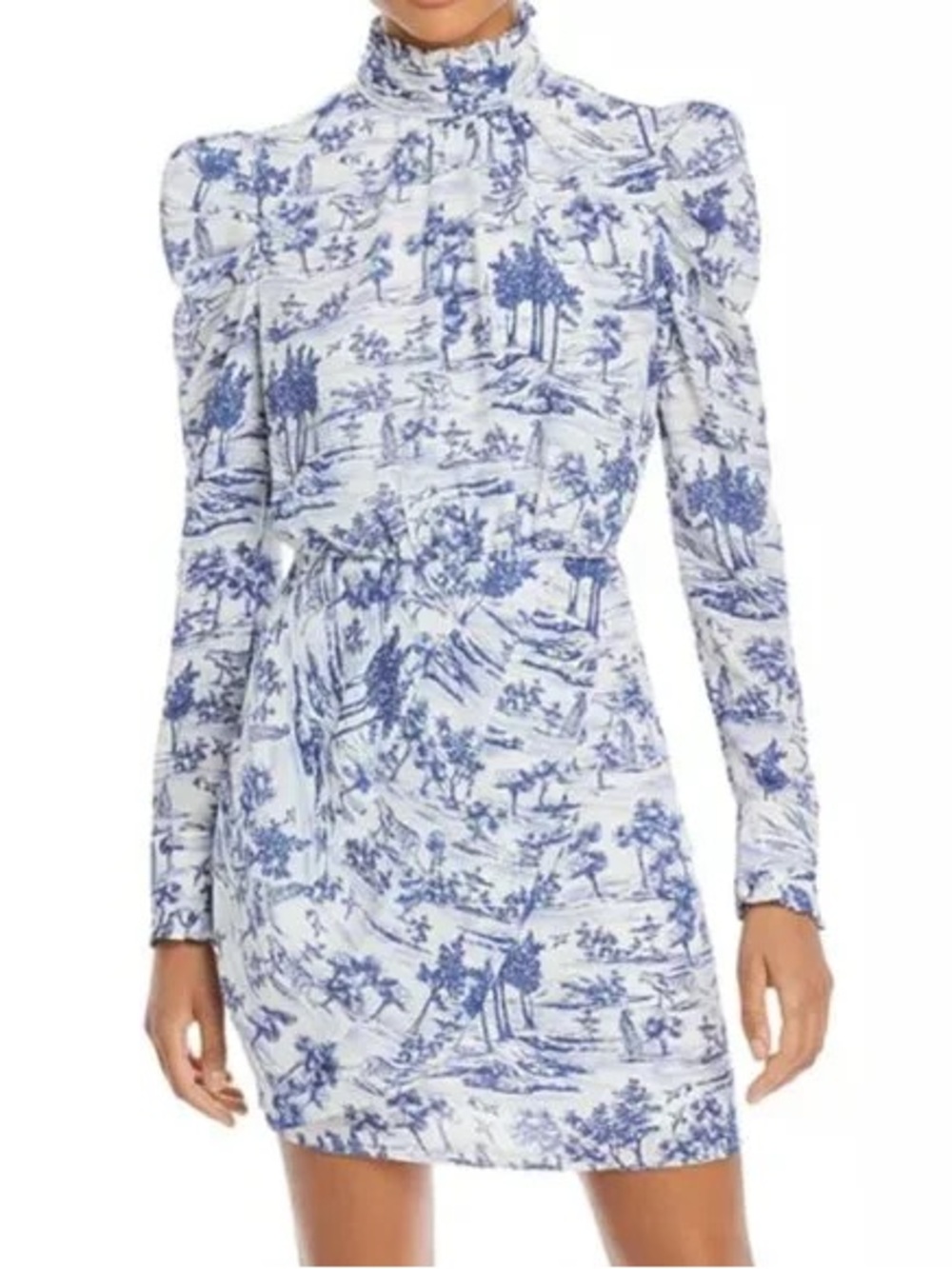 Aqua Blue & White Toile High-Neck Long Sleeve Mini Dress